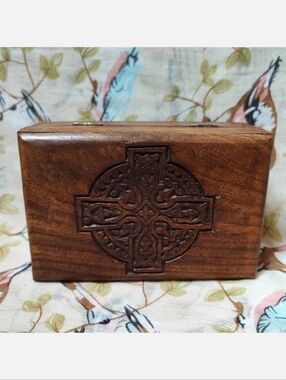 Celtic Cross Carved Wood Wooden Jewelry Craft Stash Secrets Bohemian Crafted Box
